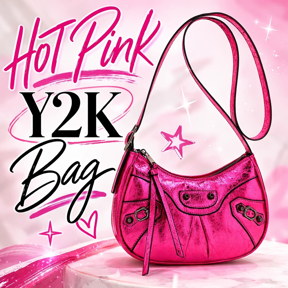Kayla + Ava Metallic Pink Vegan Leather Shoulder Bag | Y2K Style Purse - Picture 2 of 11